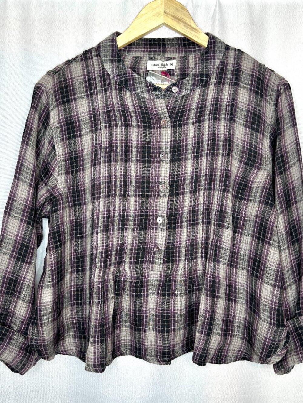 NWT Natural Life Plaid Pintuck Flannel Peplum Top, Medium Boho Western Cottage